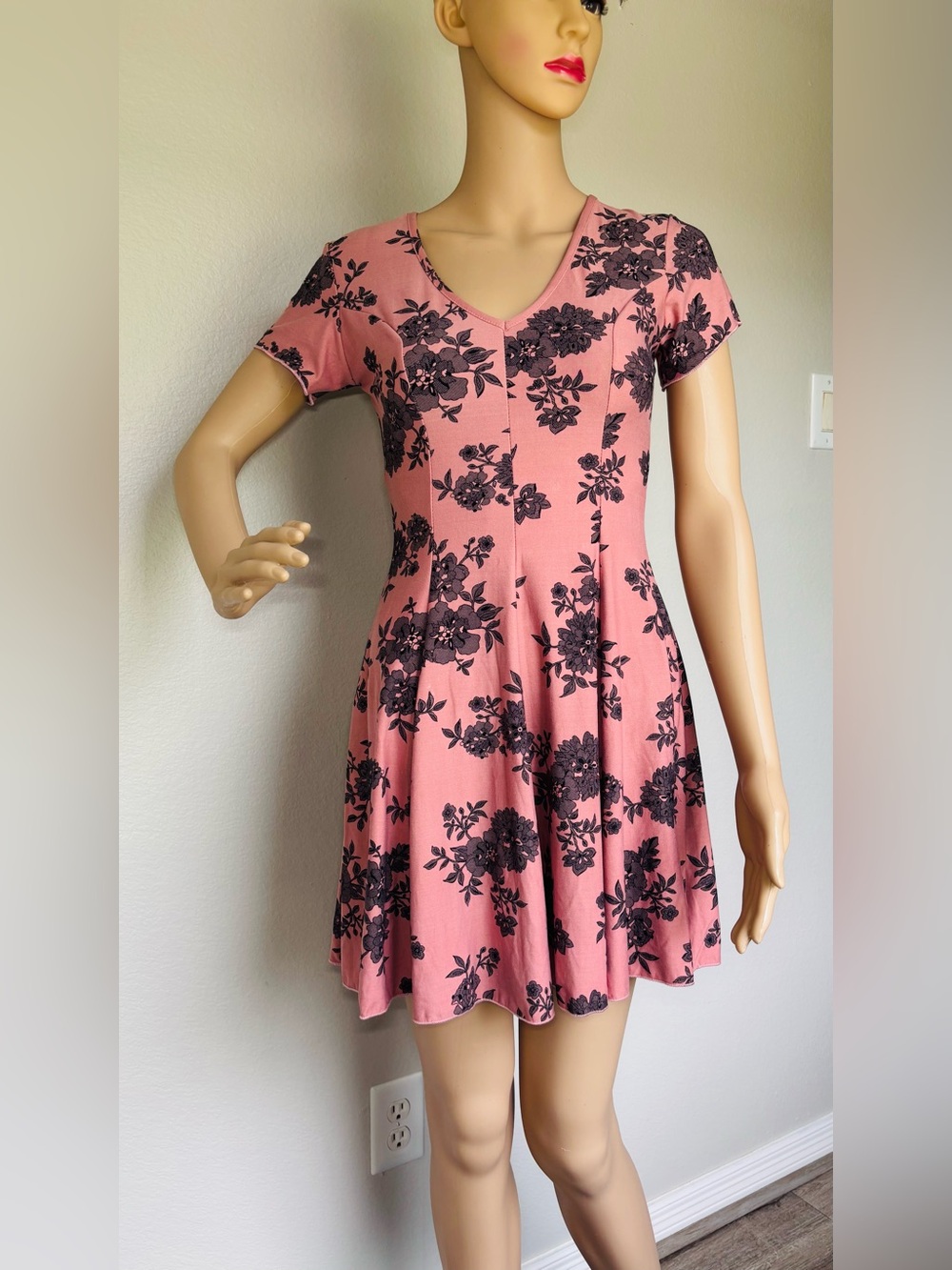 Banana Lemon Pink Floral V-Neck Fit & Flare Mini Dress - Picture 2 of 12